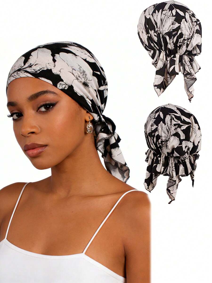 CONFLASS Red Floral Bohemian Style Black & White Floral Pre-Tied Headband - Soft, Comfortable Stretchy Headwrap With Tails, Breathable Hair Care, Suitable For Sleeping, Chemotherapy And Muslim Fashion