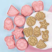 8 件套夏日海滩饼干模具，夏威夷风情饼干切割器，适合夏季度假 - 火烈鸟、时尚眼镜、椰子树、海星、贝壳、西瓜造型 - 彩色 - 查看 7