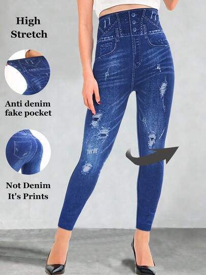 Women's European And American Style Distressed Denim Blue Leggings With Printed Pattern, Soft And Comfortable For Home, Elegant And Fashionable, Suitable For Outdoor Walking, Shopping, Traveling, Casual Work, 7/8 Length