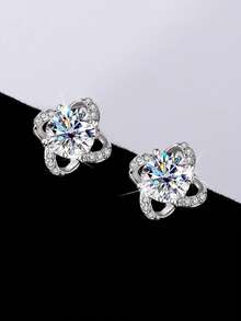 S925 Sterling Silver Four-Leaf Clover Moissanite Earrings, Minimalist Elegant Cubic Zirconia Earrings, Gift Box Packaging For Women - Multicolor - View 9
