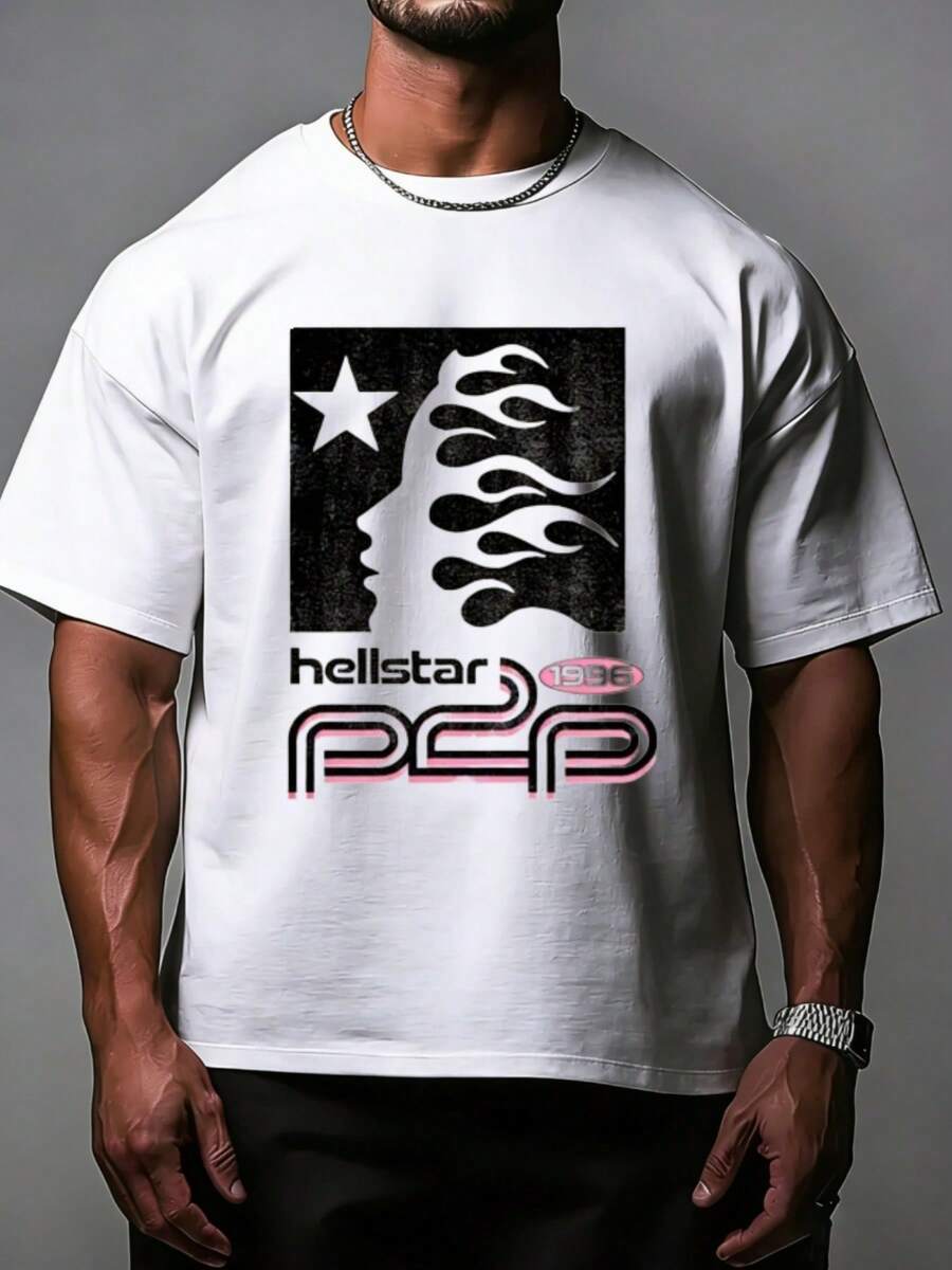 Hellstars 1996 PCP Llama Cabeza Estrella Y2K Gráfico Camiseta, 220g 100% Algodón, Cuello Redondo Manga Corta, Blanco Ropa Esencial de Calle para Verano Salir, Estilo Unisex - Blanco - Ver 1