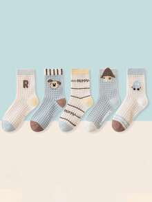 5 Pairs Kids Socks, Cute Cartoon Dog Pattern, Thin Breathable Crew Socks For Children Aged 2-16, Suitable For Spring/Summer - Multicolor - View 8