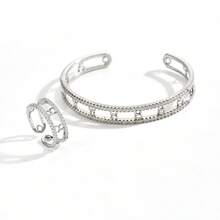2 Pieces New Women's Simple 8-Character Hollow Zirconia Fashion Bracelet Ring Set - Silver - View 2