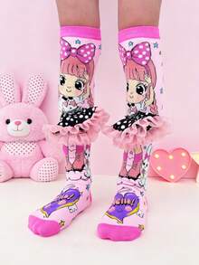 Ein Paar knielange Socken für Kinder, mit niedlichen Cartoon-Mädchen-Designs und dreidimensionalen Rock-Dekorationen. Ganzjährig tragbare verrückte Socken, lustige Socken für Karneval, Partys, Musikfestivals, Muttertag, Urlaub, Abschlusszeit, Einschulung, Hochzeiten, Cosplay, Outdoor-Aktivitäten und den täglichen Gebrauch - eine tolle Geschenkidee. - Babypink - Übersicht 5