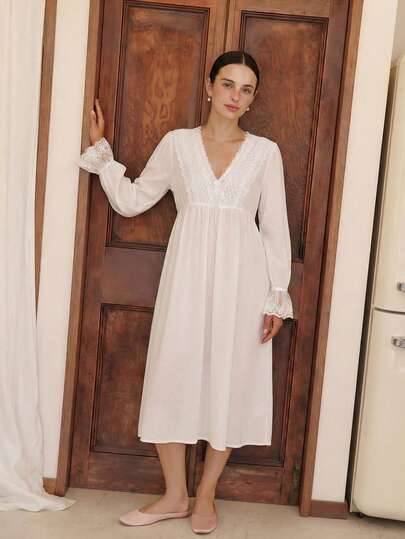 Offvia 女士春夏轻薄长袖蕾丝公主风睡衣家居服，甜美外套友好