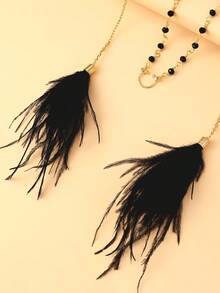 1pc Gold Party Outfit Black Beaded Face Chain, Black Feather Tassel Nose Ring Clip-On Accessory - Gold - View 5