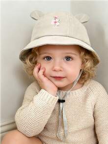 1pc A-Z Floral Letter Girls 3D Bear Ear Bucket Hat -Cute Cap Pink Flower Embroidery Adjustable Anti-Drop Strap Infant Sweet Sun Hat - Beige - View 2