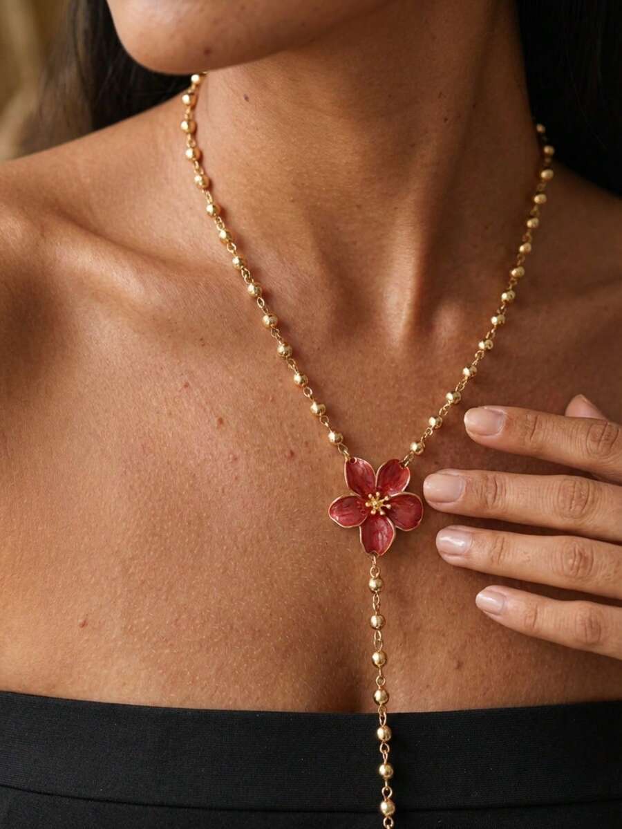 1件极简主义串珠花朵单链流苏项链，独特设计精致锁骨链，奢华优雅吊坠 - 彩色 - 查看 1