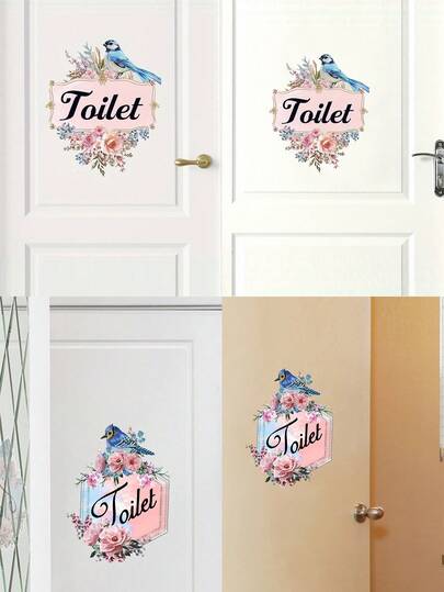 1张原创设计墙贴，花鸟图案，配英文字母“TOILET”标识，家居装饰墙贴，适用于浴室门或淋浴房墙壁，PVC材质，自粘可移除