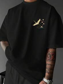 Oversized Streetwear Tee With Hokusai Wave Art - 's Japanese Ukiyo-E Great Wave & Crane Print T-Shirt - Loose Fit Summer Shirt For Japanese Culture Fans, Machine Washable Casual Wear ( Sizing) - Black - View 3
