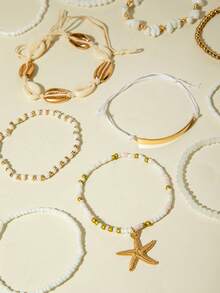Set de 7 piezas/14 piezas de pulseras trenzadas con estrellas de mar de vidrio estilo bohemio, un regalo precioso para mujeres en vacaciones de playa - Multicolor - Ver 5