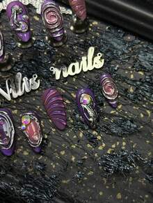 10pcs Handmade Fully Covered Almond Nails Press On Nails, Purple Nails, 3D Rhinestone&Liquid Metal&Swirl Decor, Y2K Cyberpunk Cool Style, Detachable And Reusabl, Gothic False Nails For Party & Daily Wear, With Jelly Glue And Nail File - Purple - View 6