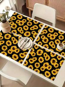 1pc Sunflower Pattern Printed Table Runner, 4pcs Sunflower Pattern Printed Placemats, Suitable For Festivals, Parties, Birthdays, Dinners, Kitchen & Dining Room Decor, Applicable For All Seasons, Home Textile Decoration - Multicolor - View 8
