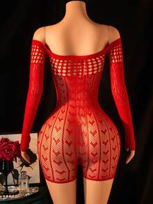 1件装女士性感渔网连体衣，镂空透视长袖紧身衣性感睡裤，火辣女孩装扮，比基尼罩衫，性感派对角色扮演服装情人节，黑色内衣 - 紅色 - 查看 2