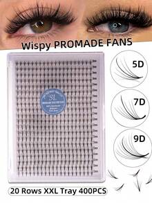 400pcs/Set 20 Rows XXL Tray D-Curl 9D 7D 5D Thin Handmade Pre-Made Fanned Lash Extension Kit, 0.07mm 8-15mm Mixed, Ultra-Narrow Tapered Base, Imported Korean PBT Fiber, Super Black Soft 5D 7D 9D Spiky Pre-Made Fanned False Eyelash Fiber - D - View 3