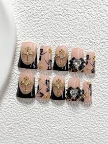10Pcs Gothic Y2K Babe Style Polygel Nail Set,French-Style Black Tips, Gold Rhinestone Accents, Hand-Painted Black Bows,Leopard-Print Hearts Adorned Rhinestones Metal Beads Nail Art Accessories,Comes With Nail Tools(1 Sheets Jelly Stickers+1PC Nail File)3 Sizes Available,Almond Nails, Duck Nails,Coffin Nail,Suitable For Daily, Everyday Outings Parties, Nightclubs, Music Festivals, Niche Occasions - 彩色 - 查看 2