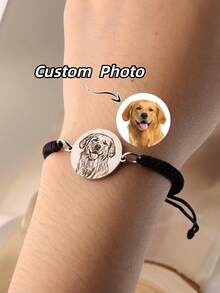 1pc Customized Photo & Name Bracelet, Personalized Stainless Steel Disc Bracelet, Laser Engraved Photo & Name, Custom Photo, Pet Portrait Bracelet, Braided Cord Chain, Pet Memorial Gift, Mother's Day Gift, Pet Lover Gift - Custom-carved Bracelet - View 2