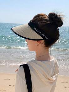 女士透气镂空防晒帽，防紫外线，春夏新款，适合海滩、度假 - 卡其色帽子黃色織帶 - 查看 4