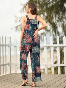 Bohemian Women's Loose Floral Bib Overall Jumpsuit With Pockets Patchwork Wide Leg Adjustable Strap Beach Vacation Outfits Summer - xanh lam-xanh lục - Xem 3
