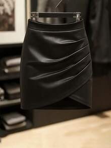 UREREM 女士性感优雅黑色涤纶（PU）不对称褶皱紧身迷你裙 春季 - 黑色 - 查看 4