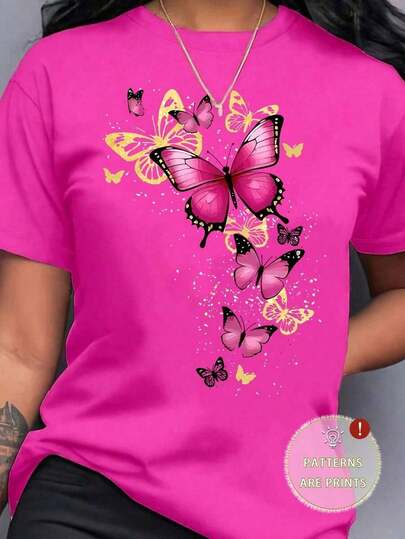 Camiseta de manga corta con cuello redondo y estampado de mariposas para mujer de talla grande, estilo casual, para verano.