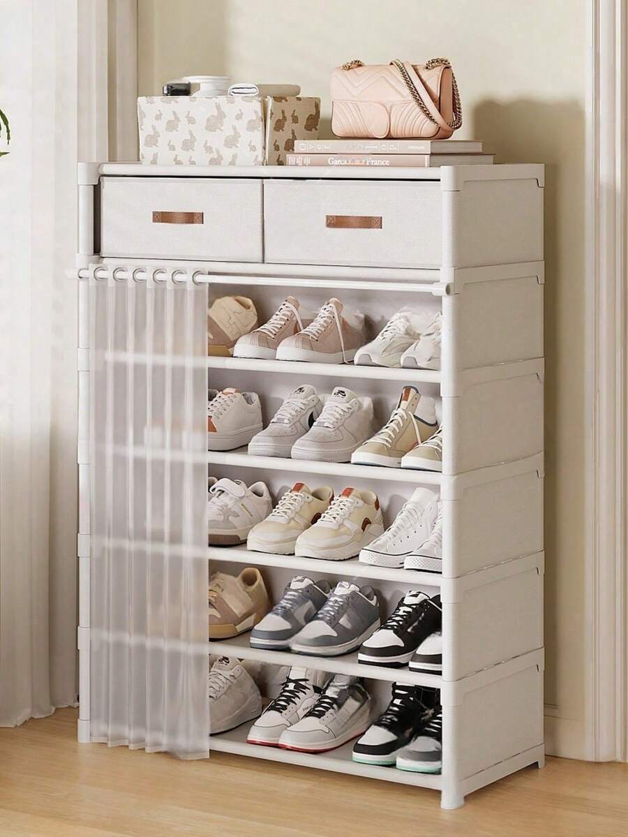 1pc Multi-Tier Shoe Rack With Curtain, Shoe Cabinet, Storage & Display Shelf With Drawer, High Capacity Shoe Organizer, Suitable For Indoor & Outdoor Use, Entryway, Home, Holiday & Christmas Gift - Multicolor - View 1