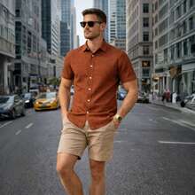 Men's Dress Shirt With Italian Collar, Short Sleeves, Slim Fit, Casual, Versatile, Elegant, Basic - 紅陶 - 查看 7