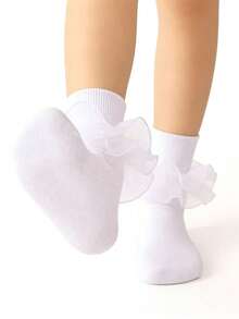 2双女童/幼儿蕾丝边袜子，公主风婴儿派对礼服白色袜子 - 白色 - 查看 3