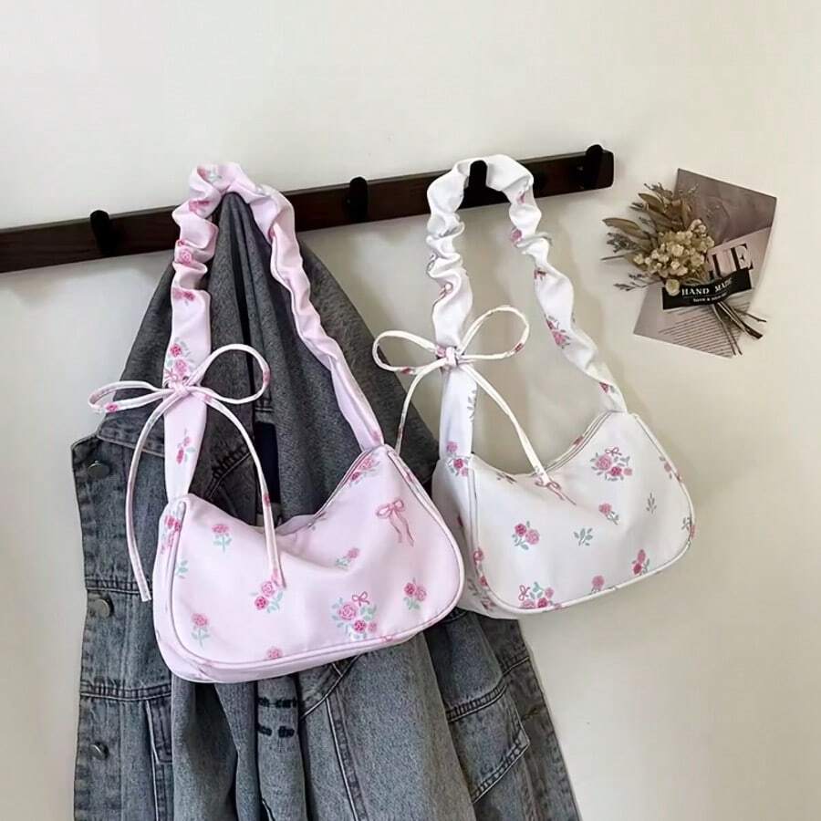 1 chiếc túi đeo vai xếp ly họa tiết hoa dễ thương, túi đeo vai in hoa hồng hồng trắng với nơ trang trí, túi xách đeo vai kiểu cổ điển dành cho nữ, thích hợp làm quà tặng sinh nhật, Giáng sinh, Halloween. - Nhiều màu - Xem 1