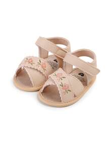 Infant/Toddler Girls' PU Leather Soft Bottom Open Toe Floral Princess Flat Sandals, Summer - Apricot - View 4
