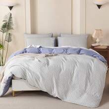 King Size Duvet Cover Blue Striped Washed Microfiber Jacquard 3 Pieces Bedding Set White Blue Vertical Ticking Stripes Pattern Comforter Cover With Zipper Closure Breathable Durable Soft Comfy - 藍色條紋無被子 - 查看 3