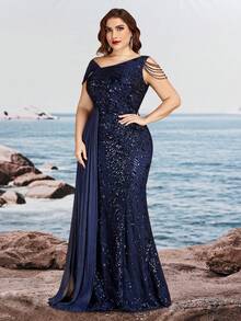 BluePlum Elastic Plus Size Elegant Sequin Embroidery Patchwork Asymmetric Neck Tassel Ruffle Beaded Mermaid Maxi Vintage Formal Gown For Cocktail Wedding Fall - Navy Blue - View 5