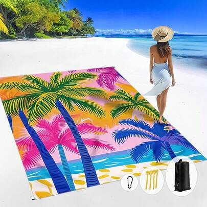1pc 185*235CM Coconut Tree Printed Waterproof & Sand-Proof Beach Blanket, Suitable For 2-3 People Outdoor Leisure Beach Vacation, Lightweight Thin Durable Picnic Mat