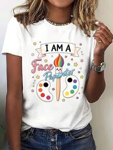 Colorful Creative Women'S Short Sleeve T-Shirt - Mask Painting Inspired Pattern, Machine Washable, Easy To Wear Casual Crew Neck Top, Suitable For All Seasons, Multiple Colors And Sizes Available, Perfect For Spring And Summer Parties - trắng - Xem 6