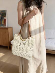 2026 New Handmade Woven Large Capacity Shoulder Beach Bag, Fashionable Tote Bag For Summer Vacation, Versatile Shoulder Bag - White - View 4