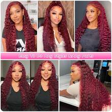 99J Burgundy Wig Brazilian Virgin Human Blended Hair 13x4 HD Deep Curly Lace Front Wigs Blended Human Hair 200% Density 99J Burgundy Lace Front Wig Glueless Water Wave Curly Blended Human Hair Wigs For Women Wine Red Colored Human Blended Hair Wig - SBUG - View 11