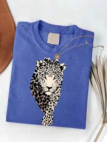Women's Plus Size Leopard Head Print Vintage Washed 100% Cotton T-Shirt Crew Neck Short Sleeve Loose Casual Summer Top - 藍色 - 查看 1