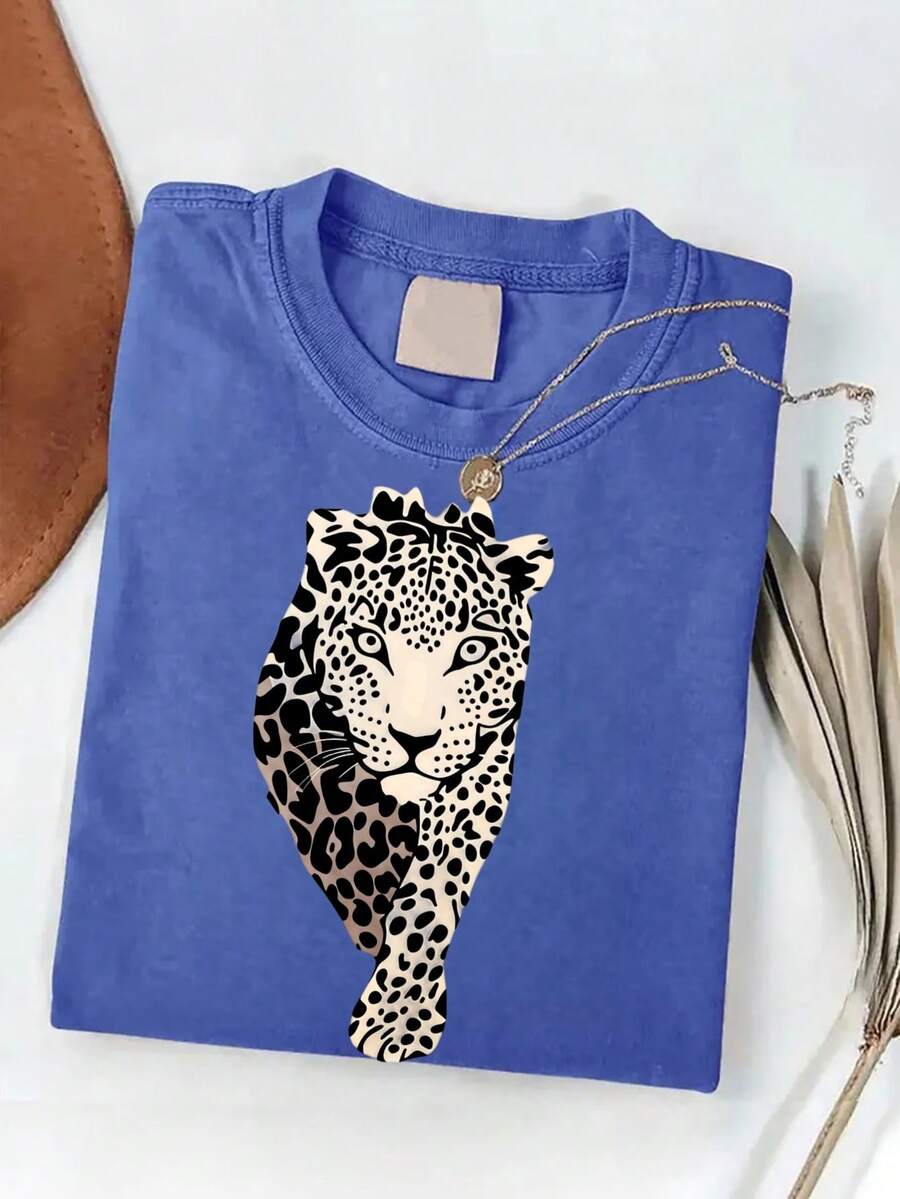 Women's Plus Size Leopard Head Print Vintage Washed 100% Cotton T-Shirt Crew Neck Short Sleeve Loose Casual Summer Top - 藍色 - 查看 1