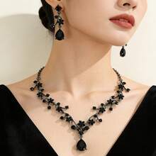 复古梅子色三件套，包含紫色水钻耳环和项链，适合新娘、伴娘、婚礼晚宴、舞会、晚礼服配饰 - 黑色 - 查看 7