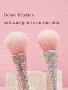 1 pieza Brocha de maquillaje plana y arqueada con todo el Body incrustado de cristales, pelo sintético, brocha profesional para polvos, herramienta de maquillaje para maquillaje diario en el rostro, regalo con brocha de base - Rosa - Ver 6