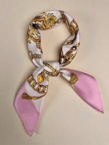 1pc Women's Square Silk Scarf With Chain Pattern, Elegant Neckerchief Headscarf Hair Accessory - Pink - View 3