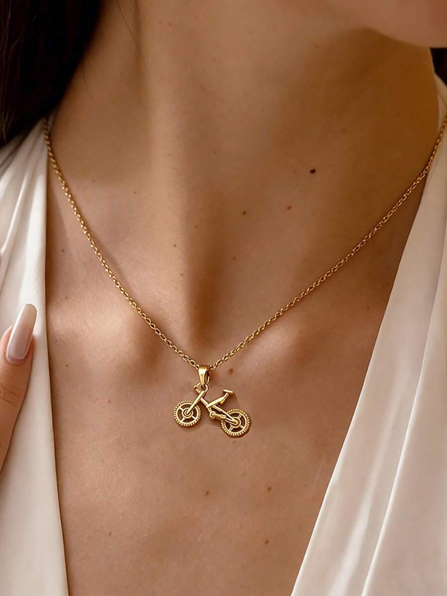 1 chiếc dây chuyền mặt hình xe đạp bằng thép không gỉ, chống thấm nước, không phai màu, thiết kế độc đáo, thích hợp cho nữ giới đeo hàng ngày. - Vàng - Xem 1