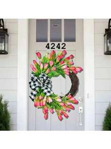 1pc Pink Tulip Wreath - With Green Leaves Wreath - Suitable For Spring/Summer Weddings, Valentine's Day Parties, And Year-Round Home Decor - Multicolor - View 4