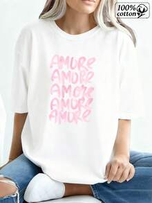 Women'S White T-Shirt Featuring A Printed 'Amore' Design, Perfect For Casual Outings And Relaxing Times - White - View 1