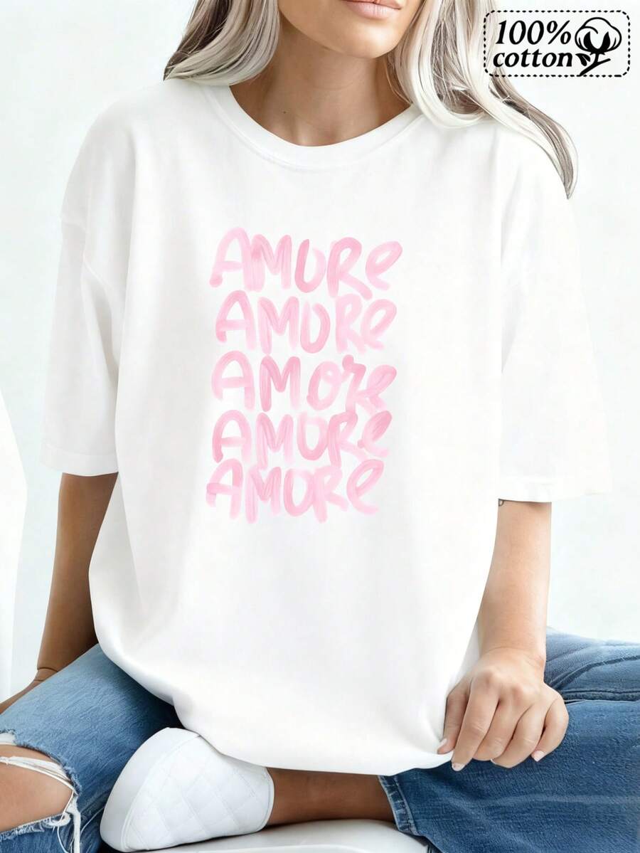 Women'S White T-Shirt Featuring A Printed 'Amore' Design, Perfect For Casual Outings And Relaxing Times - White - View 1