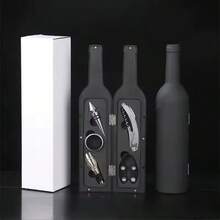 5件套瓶形葡萄酒盒，带防滴漏环、锡箔切割器、倒酒器和瓶塞，不锈钢材质 - 黑色 - 查看 10