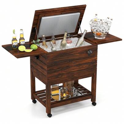  COSTWAY Wooden Cooler Cart For Patio, 54 Quart/51 L Rolling Ice Chest With Shelves And Bottle Opener, Outdoor Beverage Cooler For Party, Backyard, Poolside, Deck And BBQ, Brown