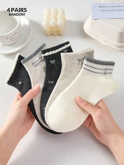 4 Pairs Women Cute Breathable Bow, Heart, Striped Pattern Short Invisible Socks With Ruffle Edge, Ankle Socks, Fashion Socks, Soft & Comfortable, White Socks, Ins Style, Suitable For Casual Daily Wear, Fit For Spring/Summer, All Season