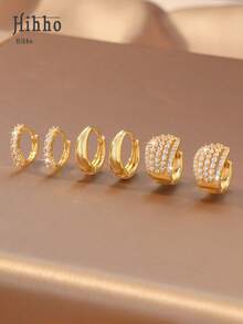 Hihho 6pcs Set Of Luxury Minimalist Hoop Earrings, Including Ombre Rhinestone, Plain, Heavy Rhinestone, And Striped Styles, Multiple Sizes Available, Clip-On Design For Easy Wear, Shining Gift For Girlfriend Or Best Friend - Gold - View 4