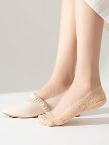 1/5/10双装女士夏季轻薄透气网眼镂空钩扣花朵硅胶防滑蕾丝船袜 - 彩色 - 查看 6